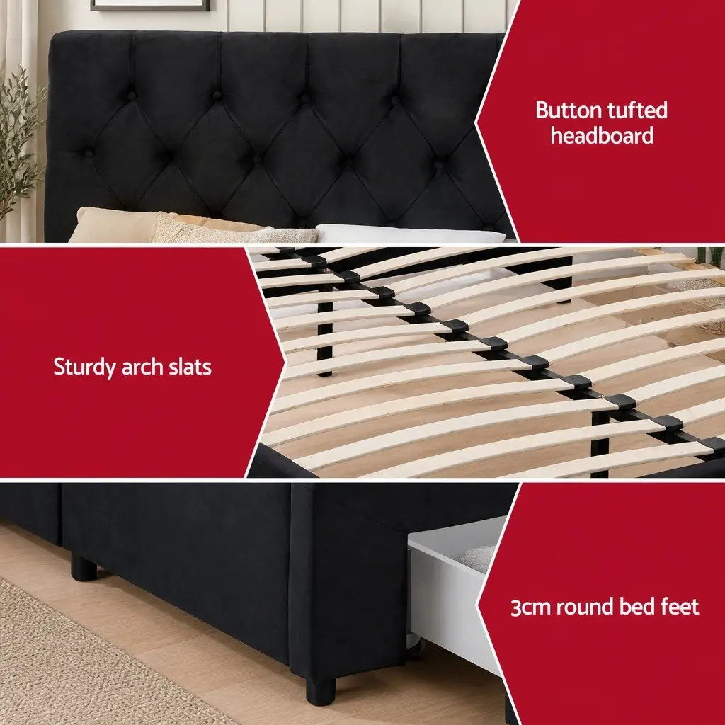 Queen Upholstered Bed Frame Velvet Black with Storage Drawers and Charging Station USB Type-C
