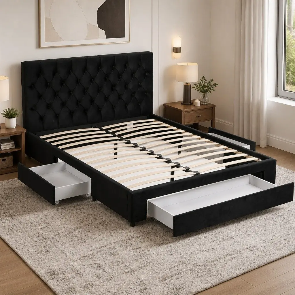 Queen Upholstered Bed Frame Velvet Black with Storage Drawers and Charging Station USB Type-C