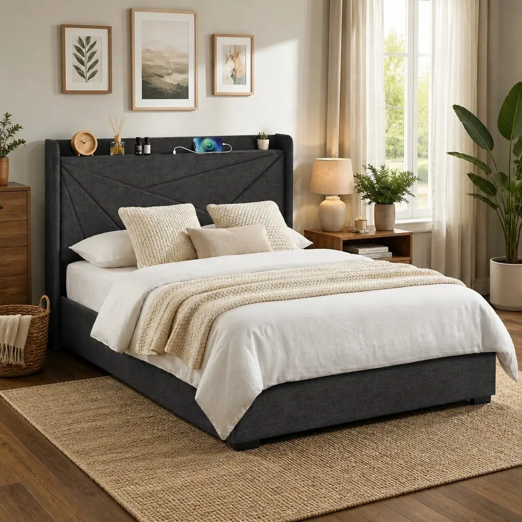 Double Bed Frame Upholstered Charcoal Grey Gas Lift Storage with Charging Ports