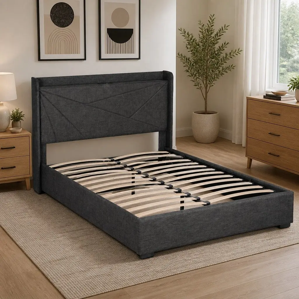 Double Bed Frame Upholstered Charcoal Grey Gas Lift Storage with Charging Ports