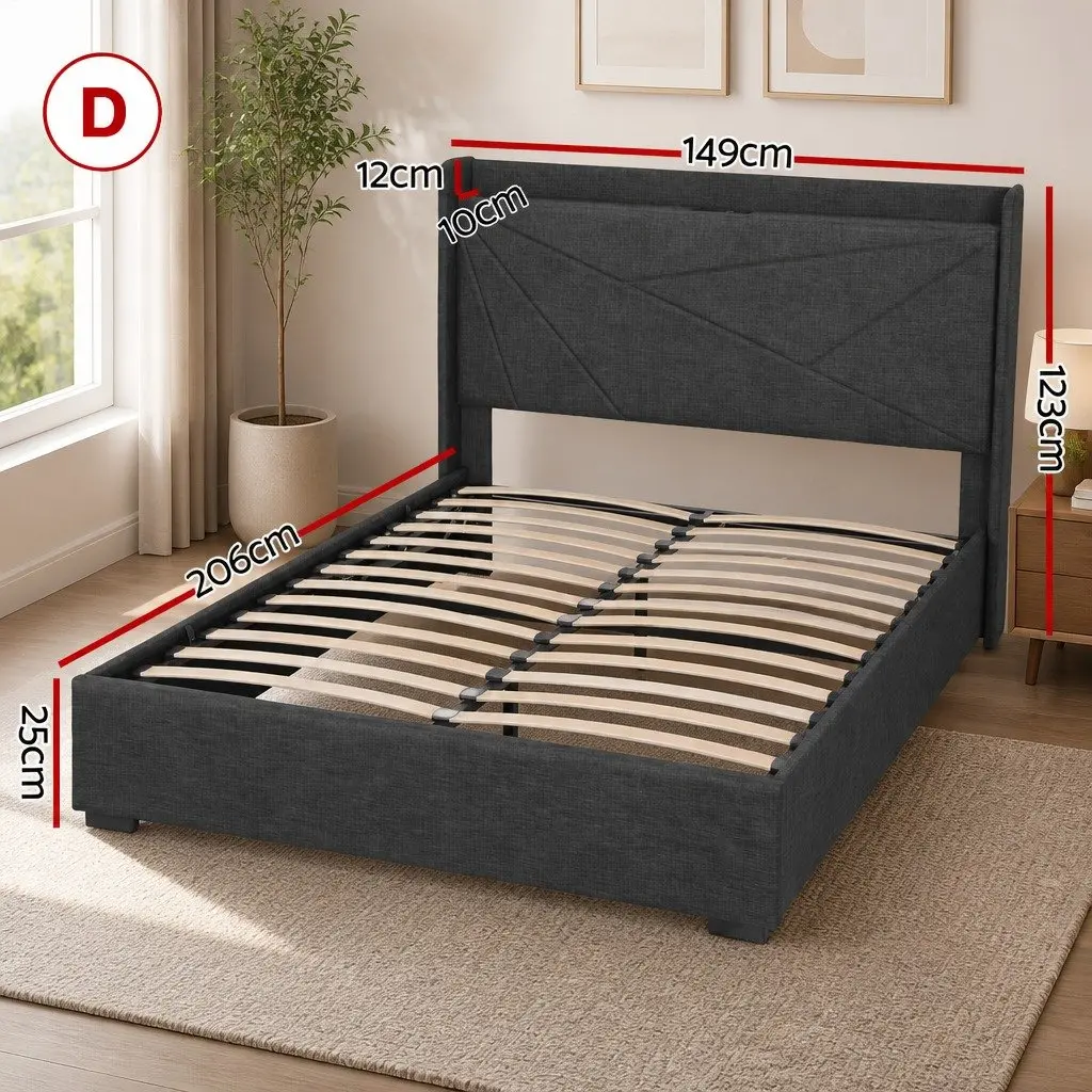 Double Bed Frame Upholstered Charcoal Grey Gas Lift Storage with Charging Ports