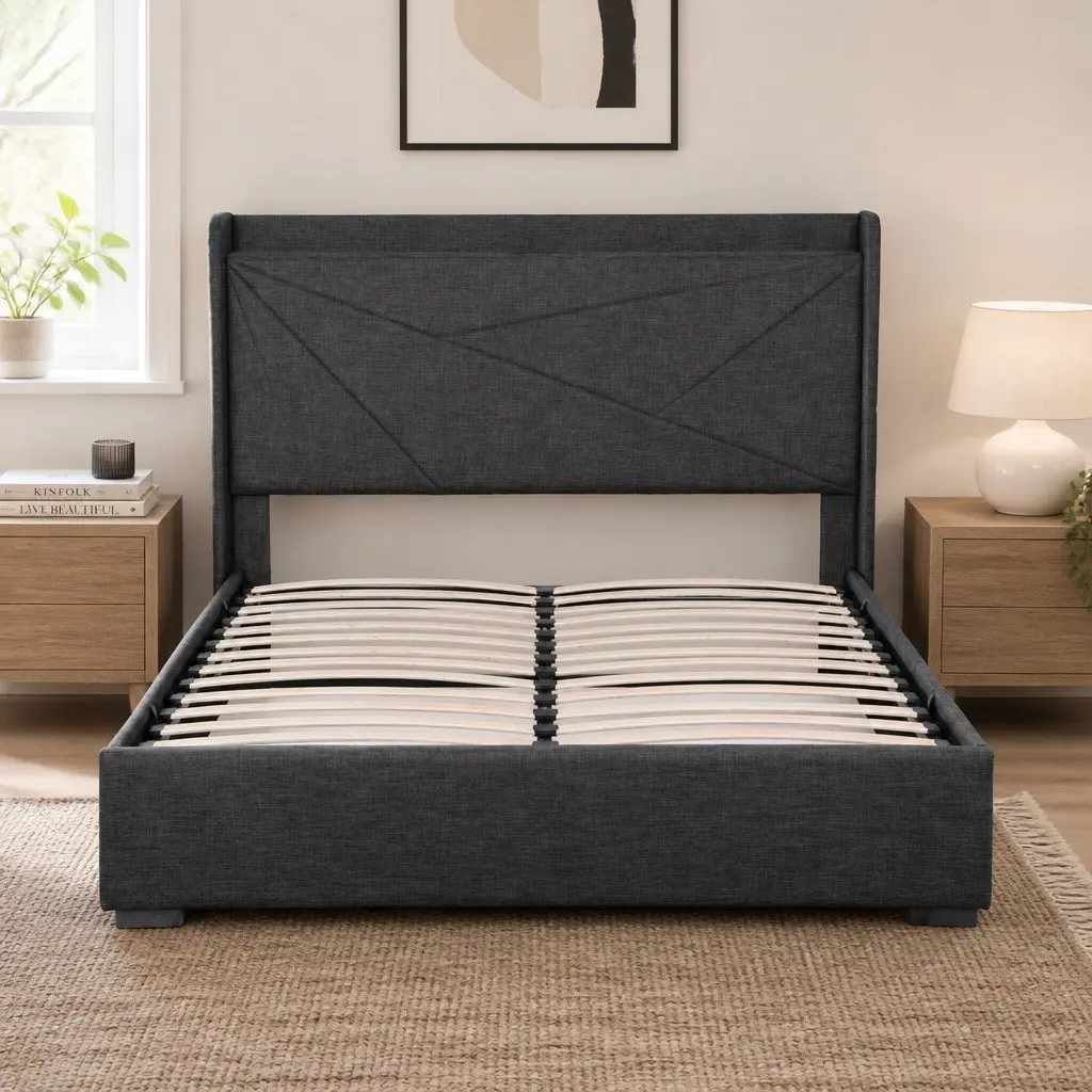 Double Bed Frame Upholstered Charcoal Grey Gas Lift Storage with Charging Ports