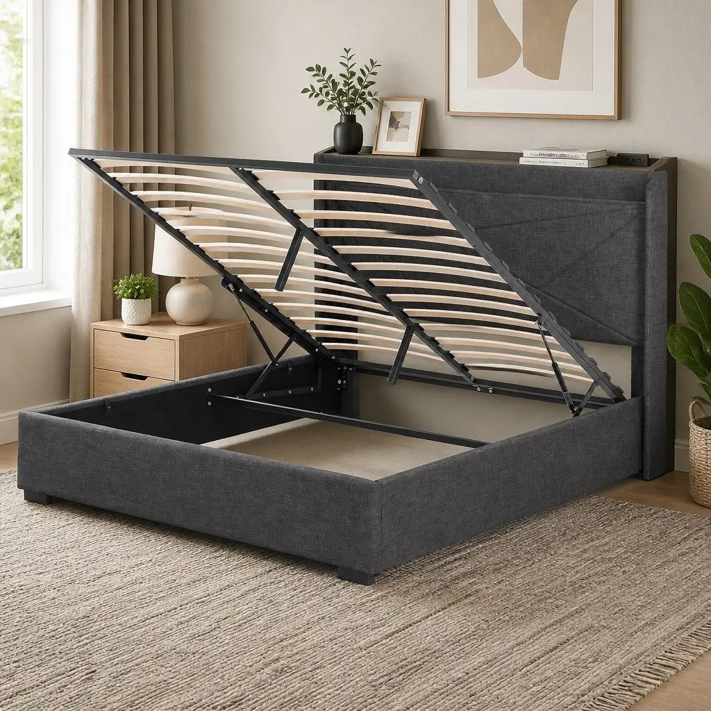 Double Bed Frame Upholstered Charcoal Grey Gas Lift Storage with Charging Ports