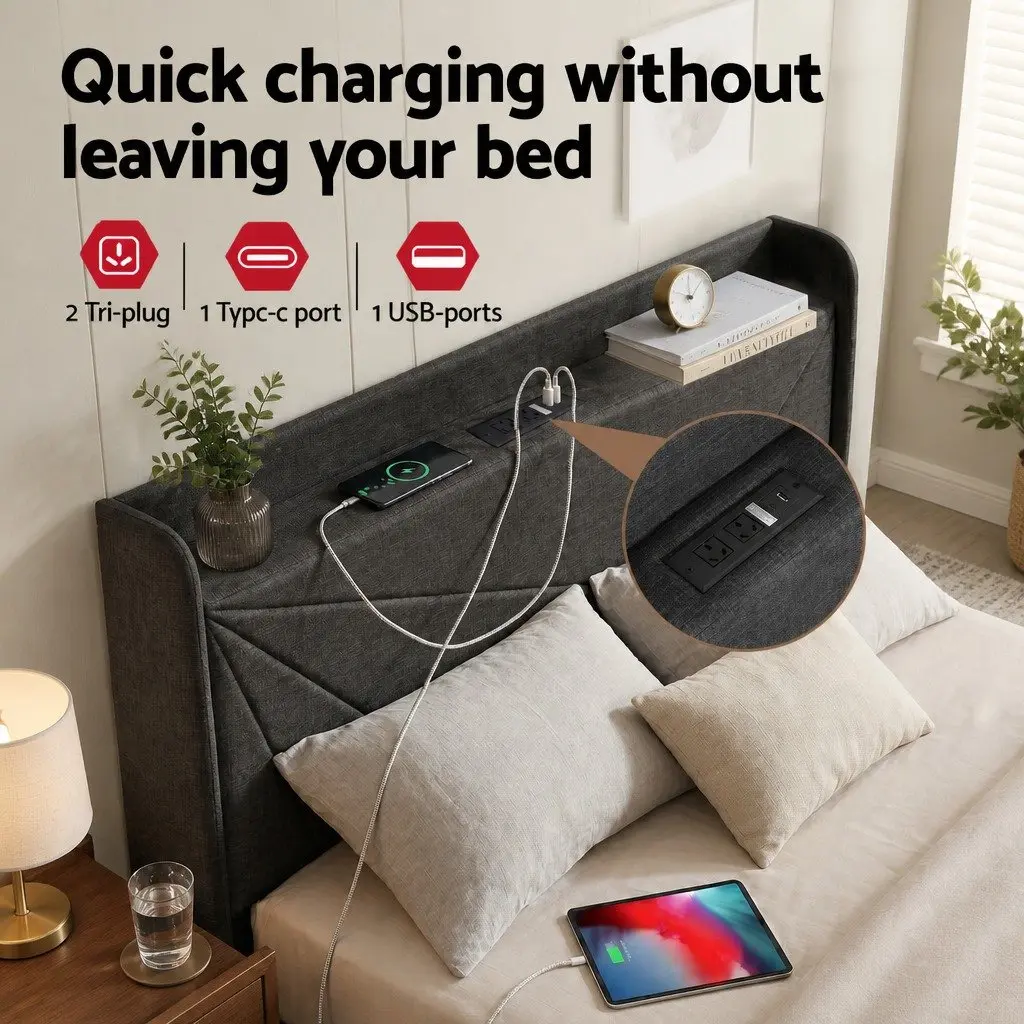 Double Bed Frame Upholstered Charcoal Grey Gas Lift Storage with Charging Ports