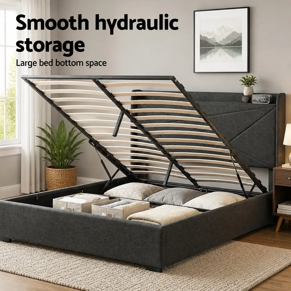 Double Bed Frame Upholstered Charcoal Grey Gas Lift Storage with Charging Ports
