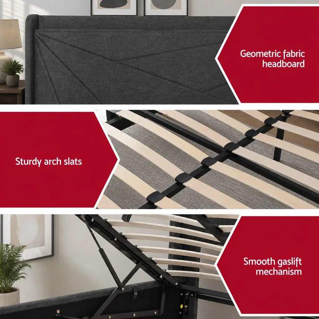 Double Bed Frame Upholstered Charcoal Grey Gas Lift Storage with Charging Ports