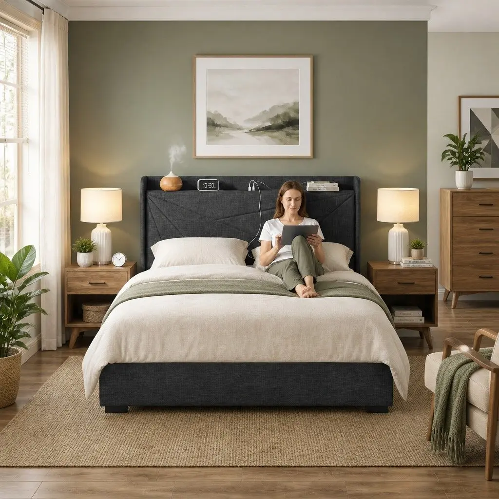 Double Bed Frame Upholstered Charcoal Grey Gas Lift Storage with Charging Ports
