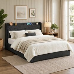 King Bed Frame Gas Lift Storage Upholstered Headboard Charging Ports Bedroom