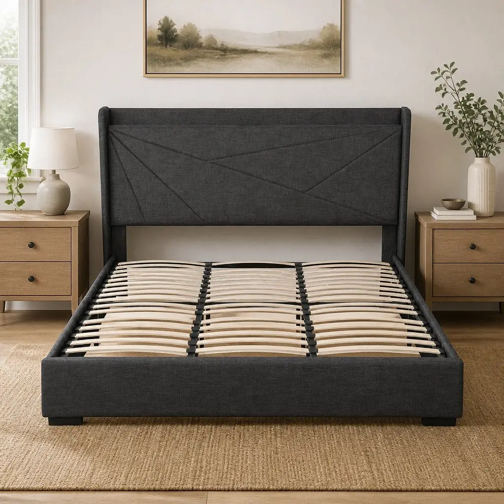 King Bed Frame Gas Lift Storage Upholstered Headboard Charcoal Grey