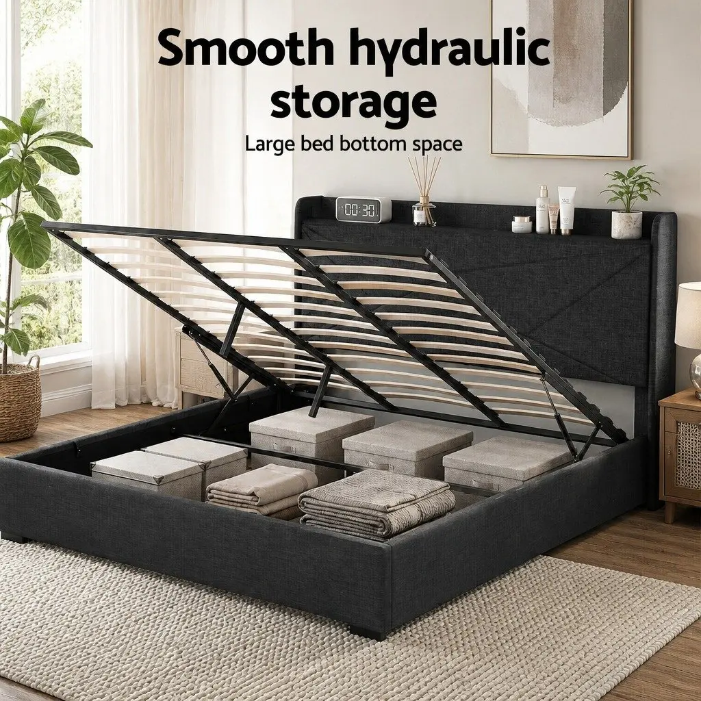 King Bed Frame Gas Lift Storage Upholstered Headboard Charcoal Grey