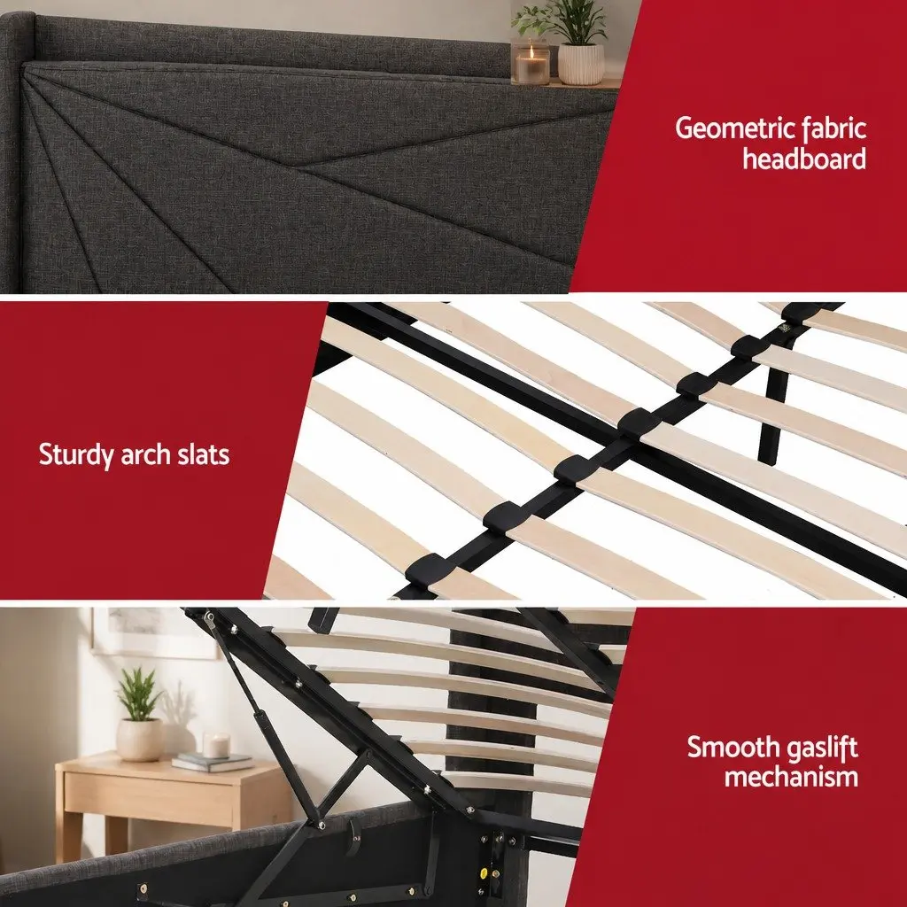 King Bed Frame Gas Lift Storage Upholstered Headboard Charcoal Grey