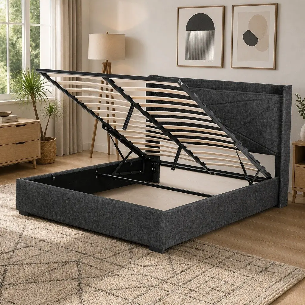 Queen Bed Frame with Gas Lift Storage Charging Ports Upholstered Geometric