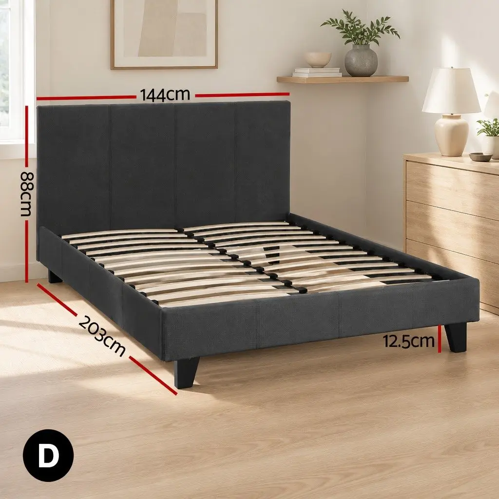 Double Bed Frame Charcoal Upholstered Padded Wooden Slat Base