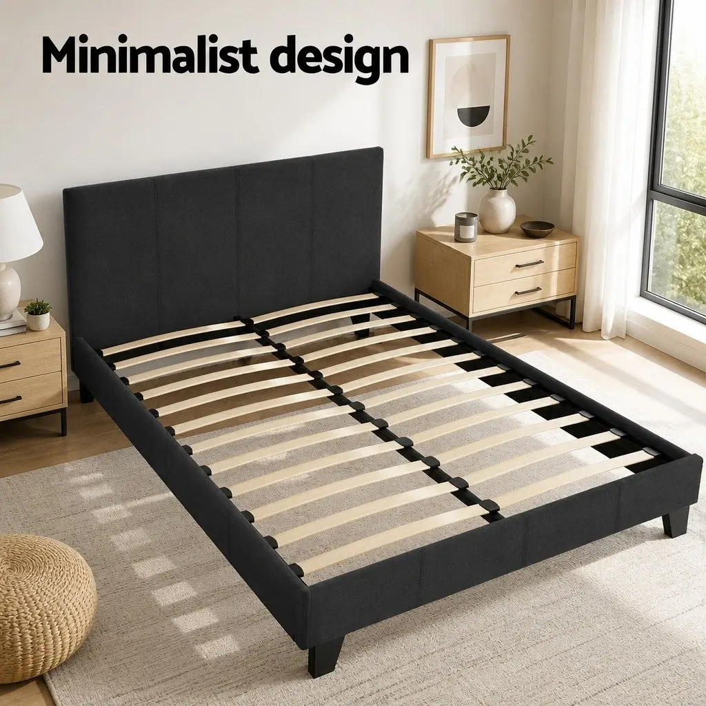 Double Bed Frame Charcoal Upholstered Padded Wooden Slat Base