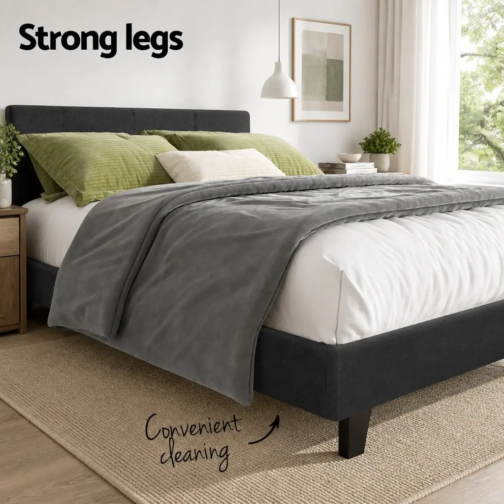 Double Bed Frame Charcoal Upholstered Padded Wooden Slat Base