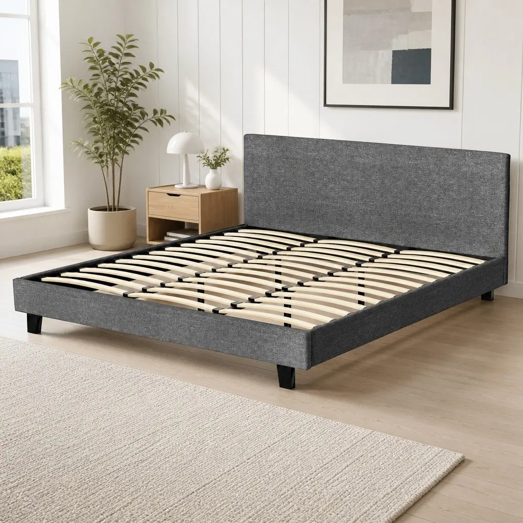 King Size Bed Frame Grey Upholstered Padded Headboard Wood Slat Base Modern