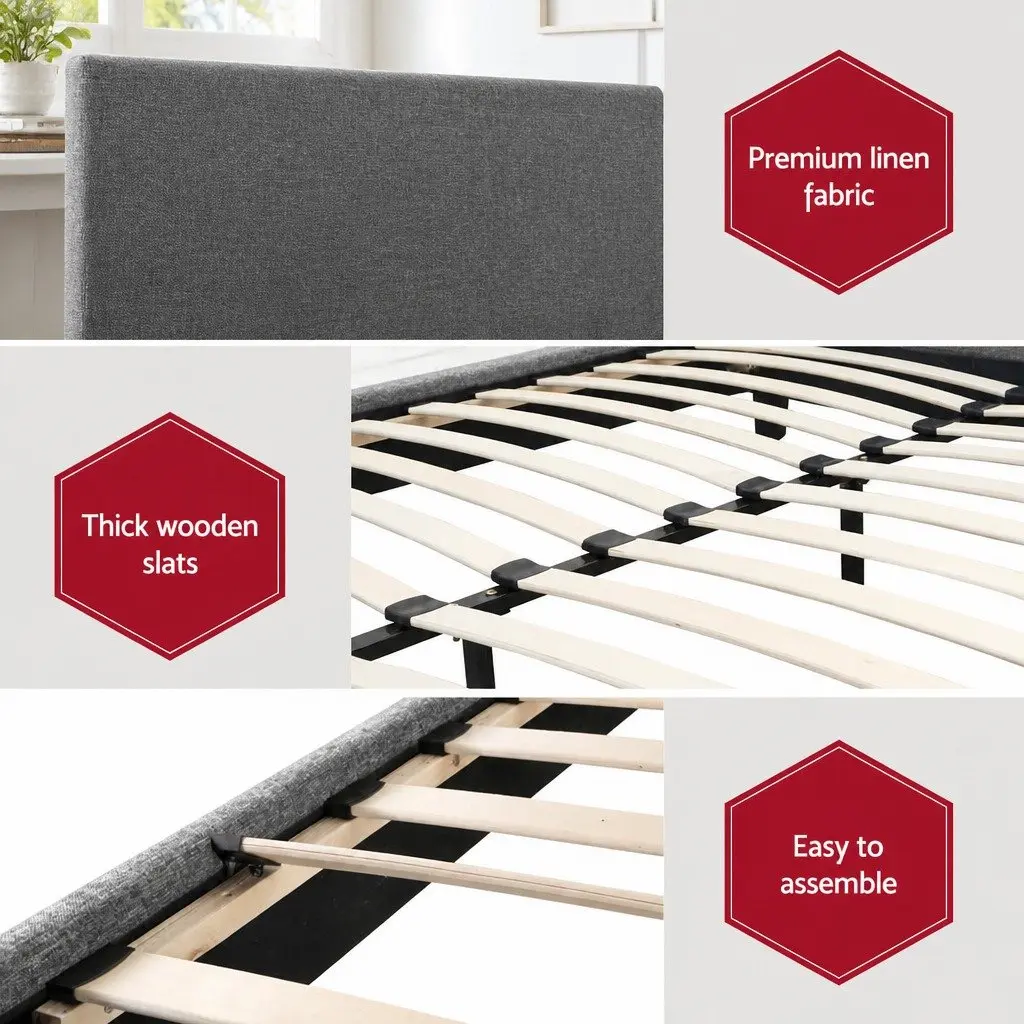 King Size Bed Frame Grey Upholstered Padded Headboard Wood Slat Base Modern