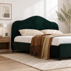 Queen Size Bed Frame Dark Green Velvet Upholstered Wooden Slat Support