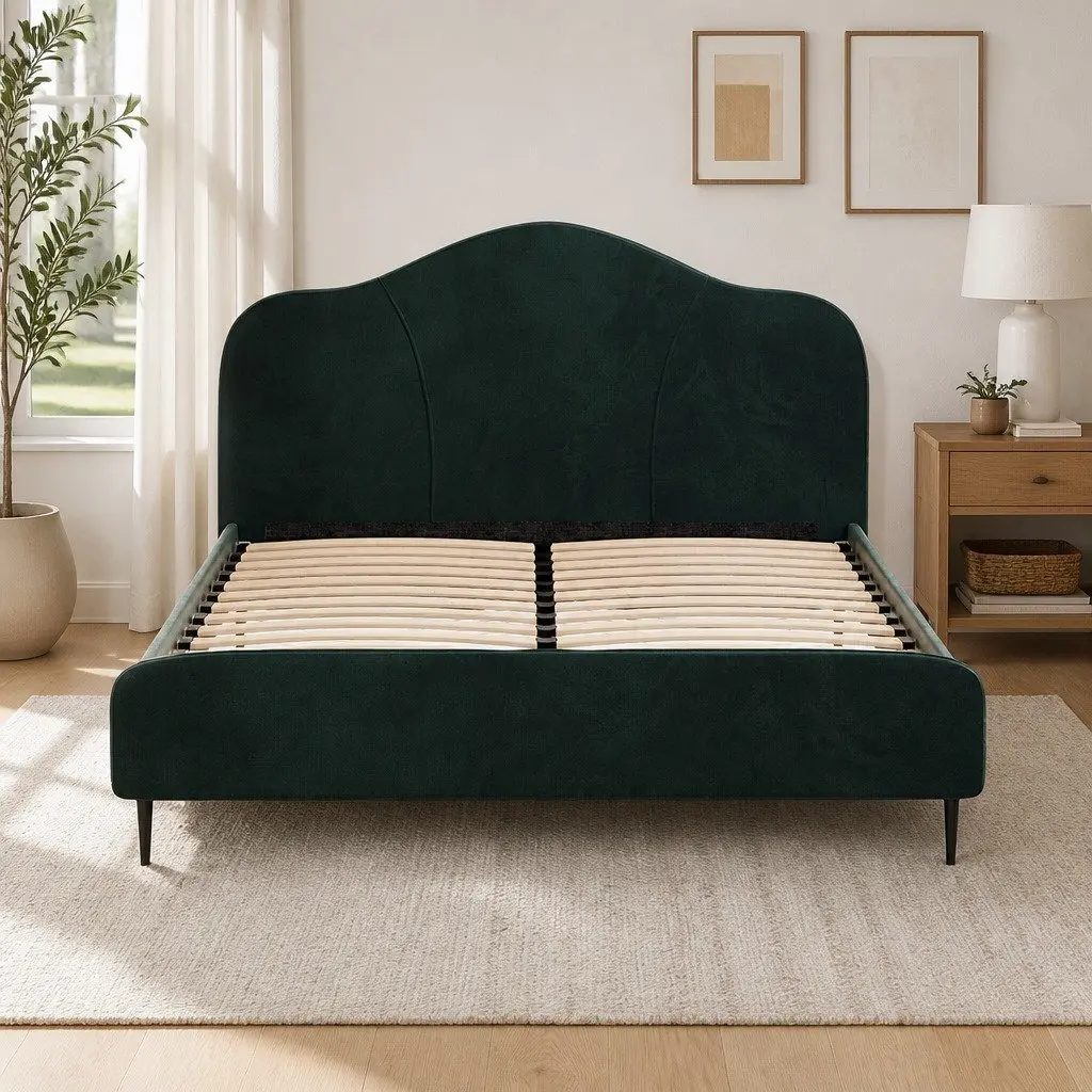 Queen Size Bed Frame Dark Green Velvet Upholstered Wooden Slat Support