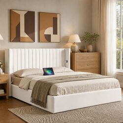 Double Bed Frame with Gaslift Storage USB Type-C Charging Ports Velvet White