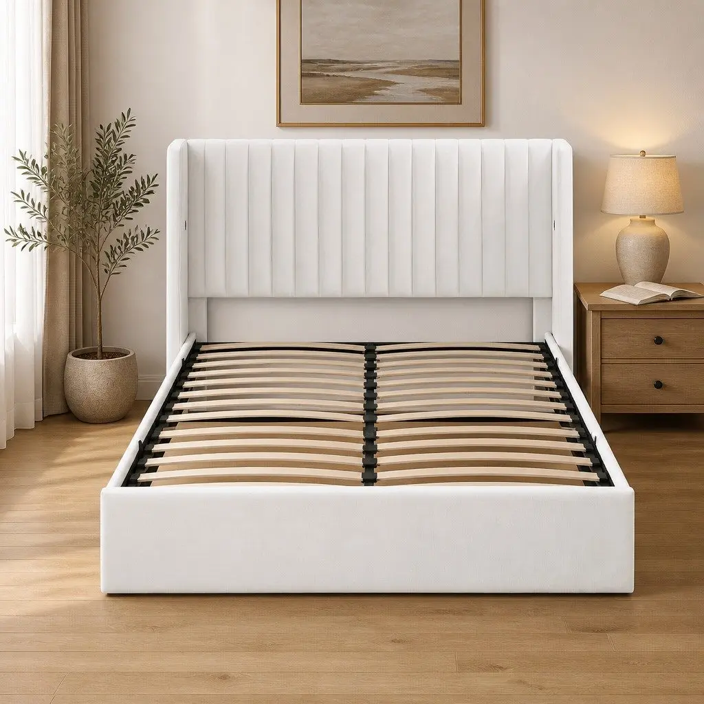 Double Bed Frame Gaslift Storage Velvet White