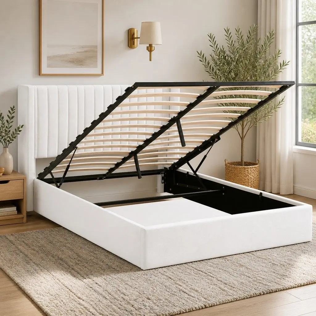Double Bed Frame Gaslift Storage Velvet White