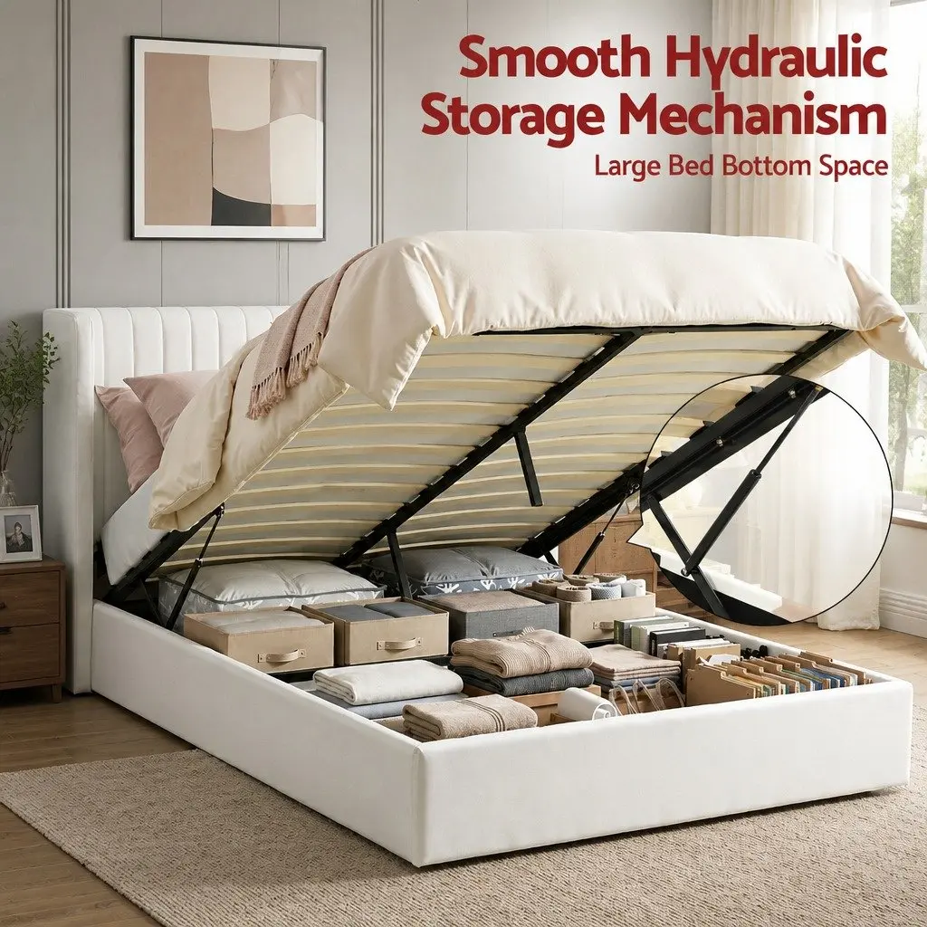 Double Bed Frame Gaslift Storage Velvet White