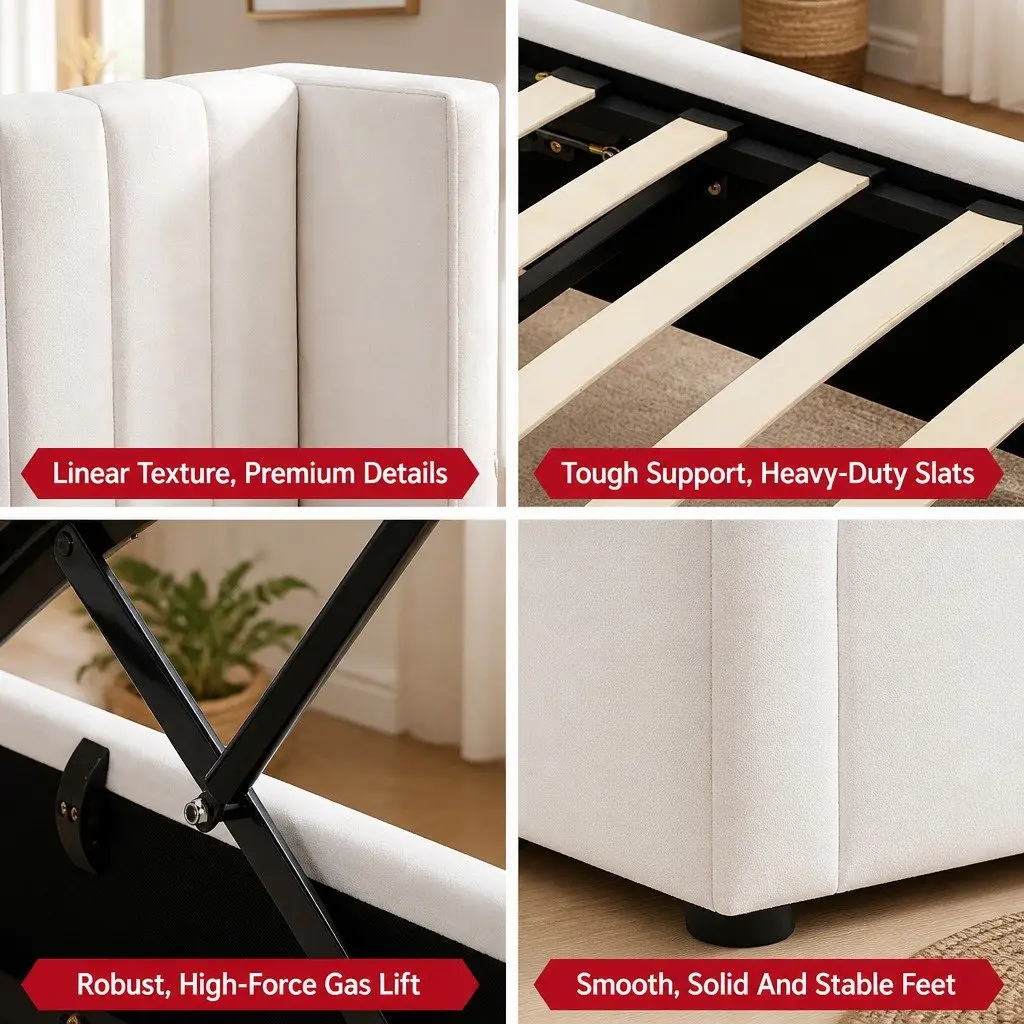 Double Bed Frame Gaslift Storage Velvet White
