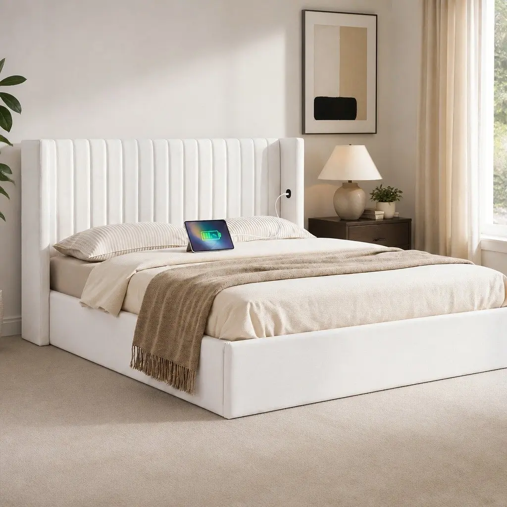 Double Bed Frame Gaslift Storage Velvet White