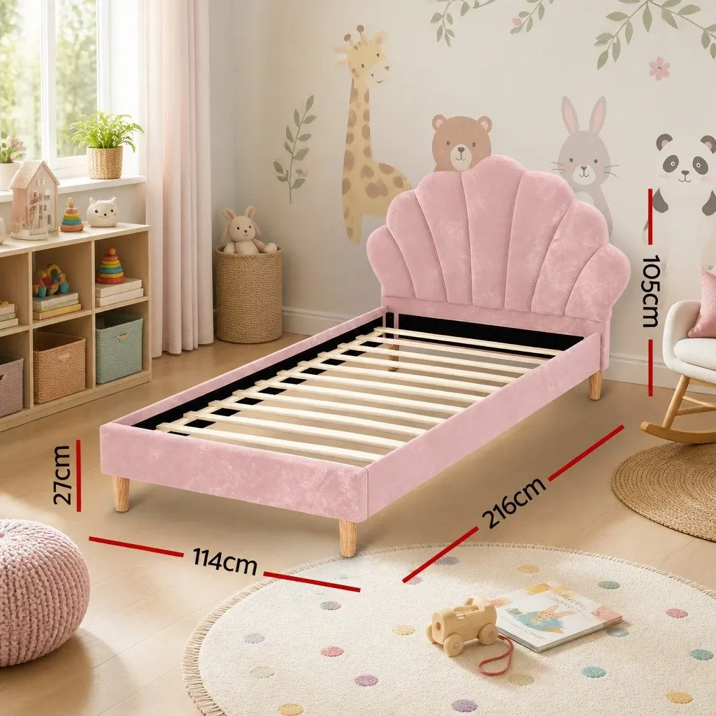 King Single Bed Frame Scallop Upholstered Bedroom Furniture Base Pink Velvet