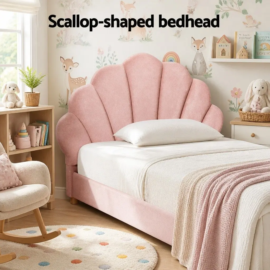 King Single Bed Frame Scallop Upholstered Bedroom Furniture Base Pink Velvet