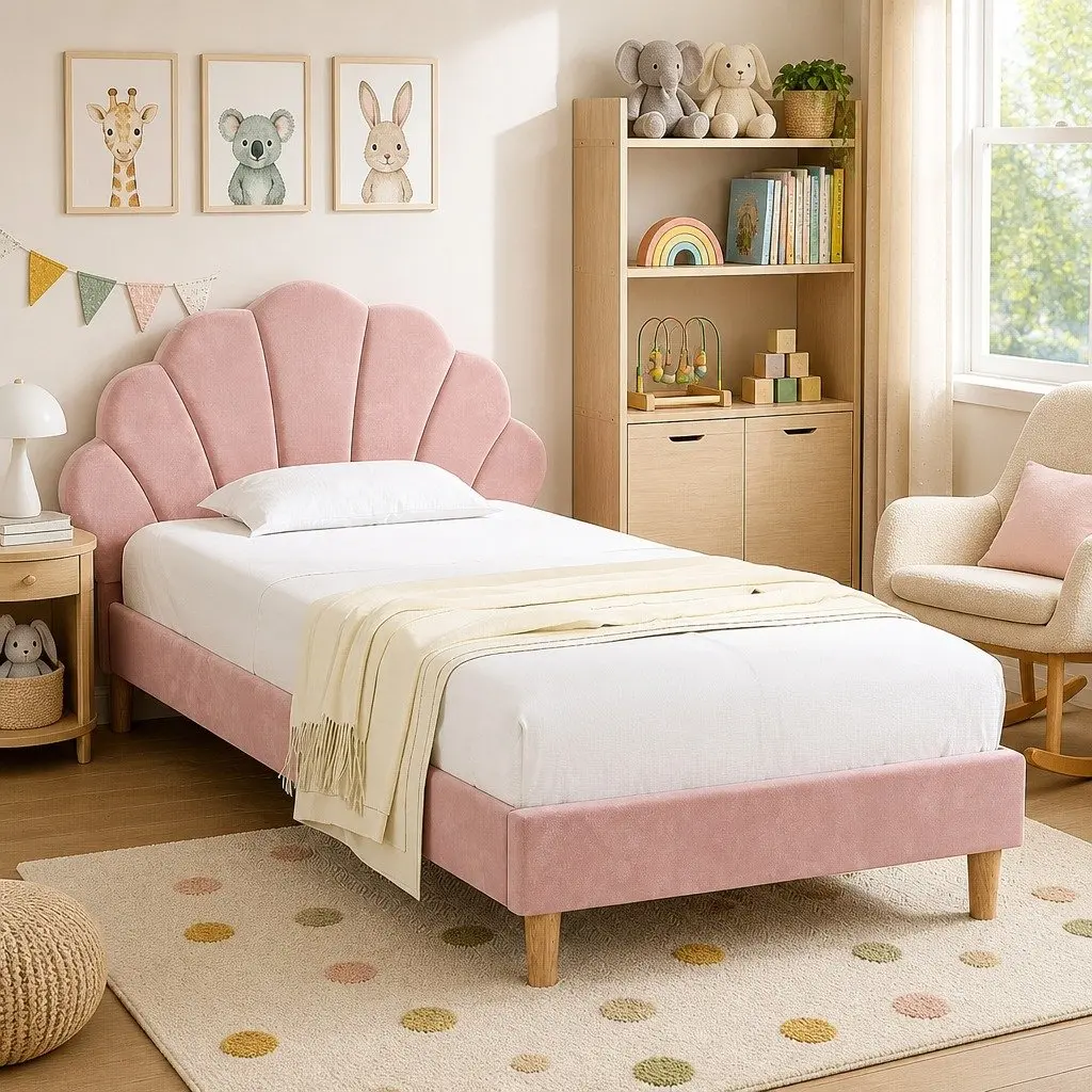 King Single Bed Frame Scallop Upholstered Bedroom Furniture Base Pink Velvet