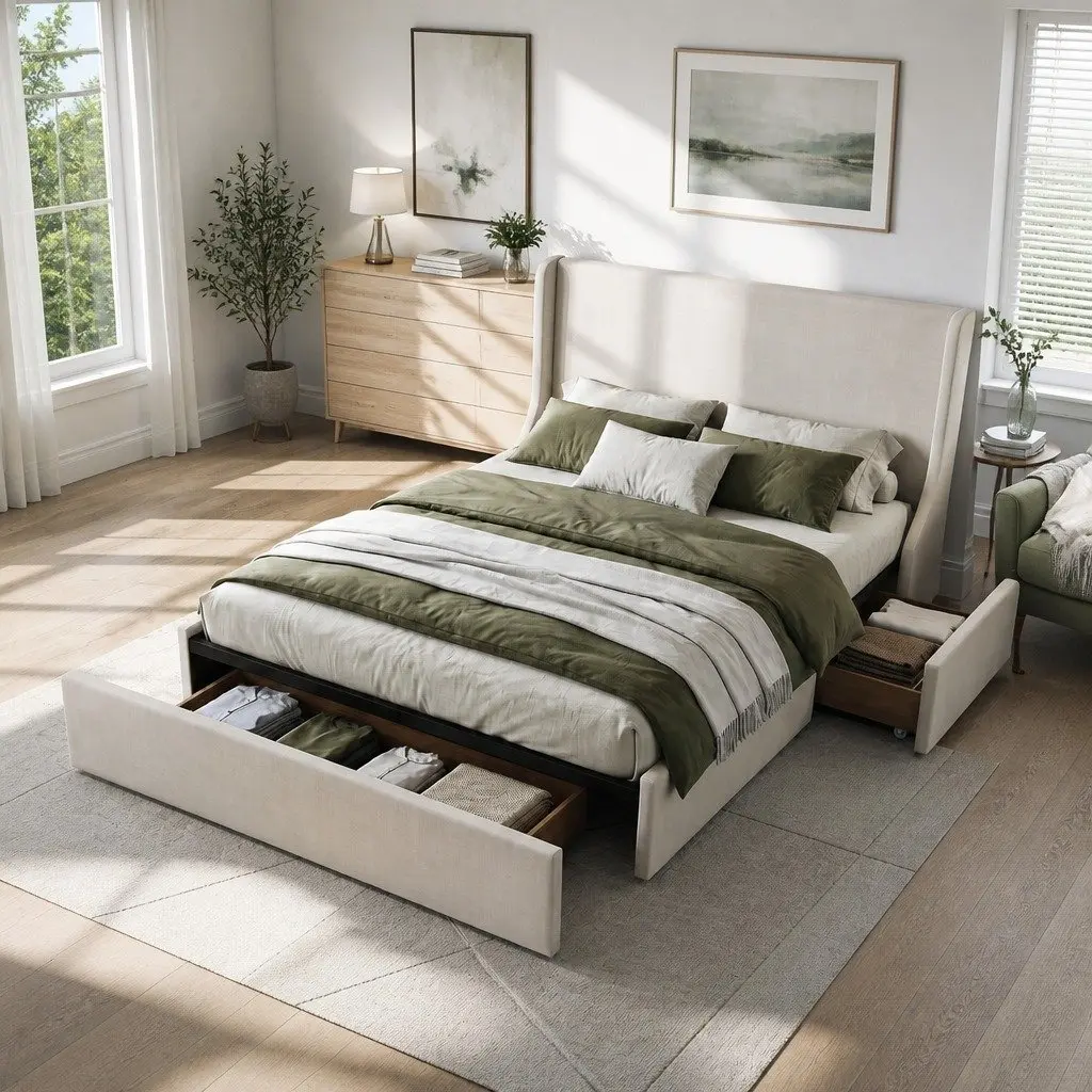 Double Upholstered Bed Frame Metal and Wood Construction with Wingback Headboard and 3 Storage Drawers Beige 149W x 204L x 111H cm