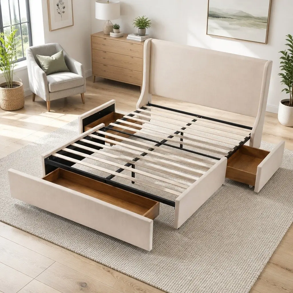 Double Upholstered Bed Frame Metal and Wood Construction with Wingback Headboard and 3 Storage Drawers Beige 149W x 204L x 111H cm