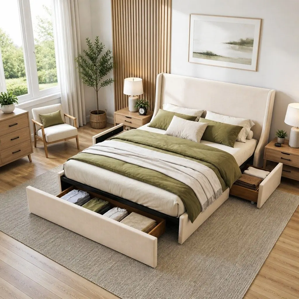 Double Upholstered Bed Frame Metal and Wood Construction with Wingback Headboard and 3 Storage Drawers Beige 149W x 204L x 111H cm