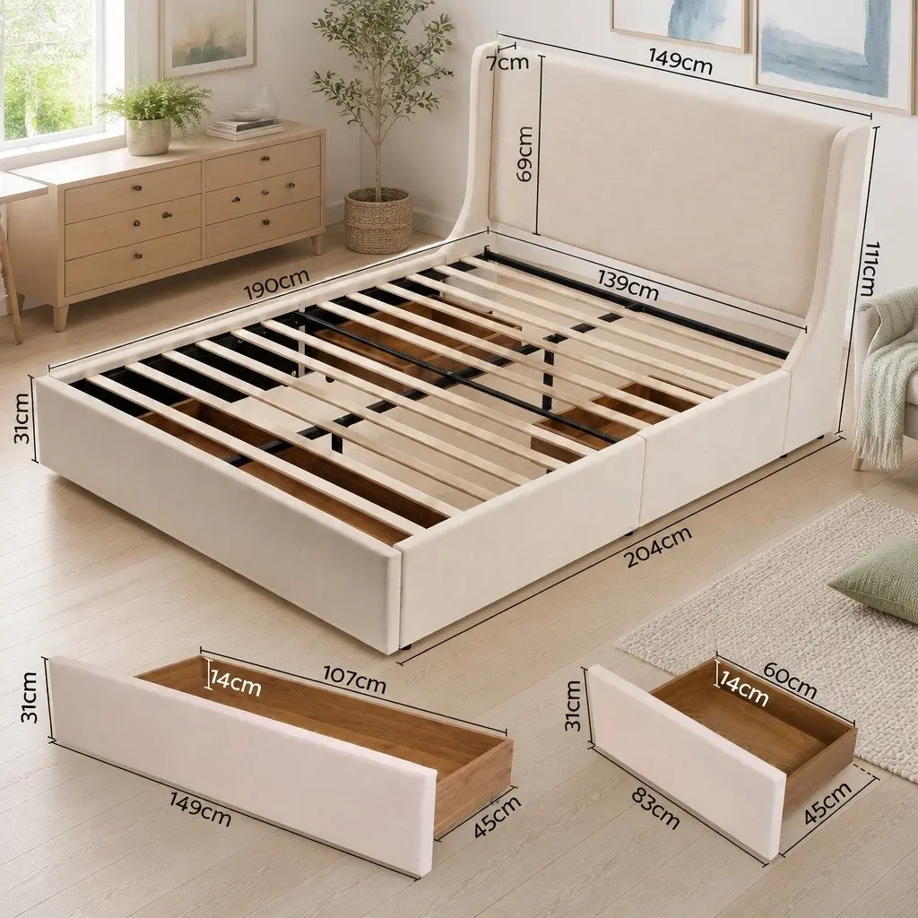 Double Upholstered Bed Frame Metal and Wood Construction with Wingback Headboard and 3 Storage Drawers Beige 149W x 204L x 111H cm