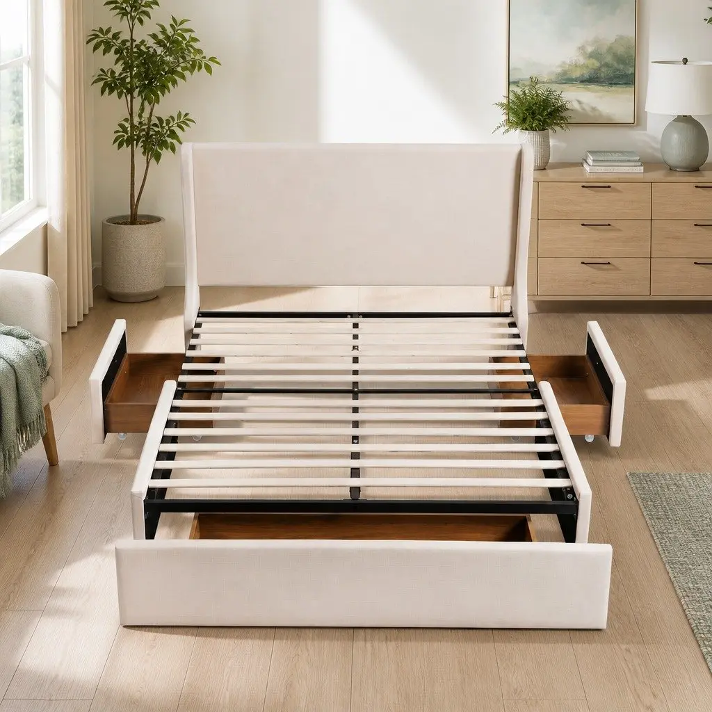 Double Upholstered Bed Frame Metal and Wood Construction with Wingback Headboard and 3 Storage Drawers Beige 149W x 204L x 111H cm