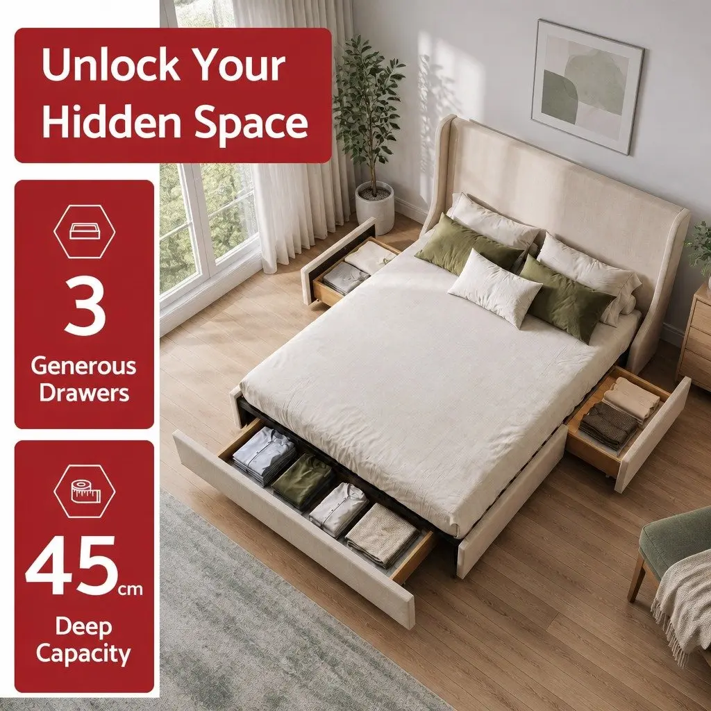 Double Upholstered Bed Frame Metal and Wood Construction with Wingback Headboard and 3 Storage Drawers Beige 149W x 204L x 111H cm