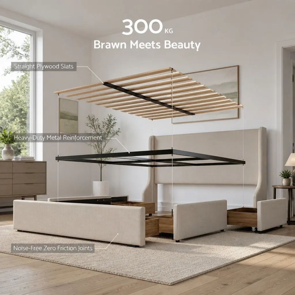 Double Upholstered Bed Frame Metal and Wood Construction with Wingback Headboard and 3 Storage Drawers Beige 149W x 204L x 111H cm