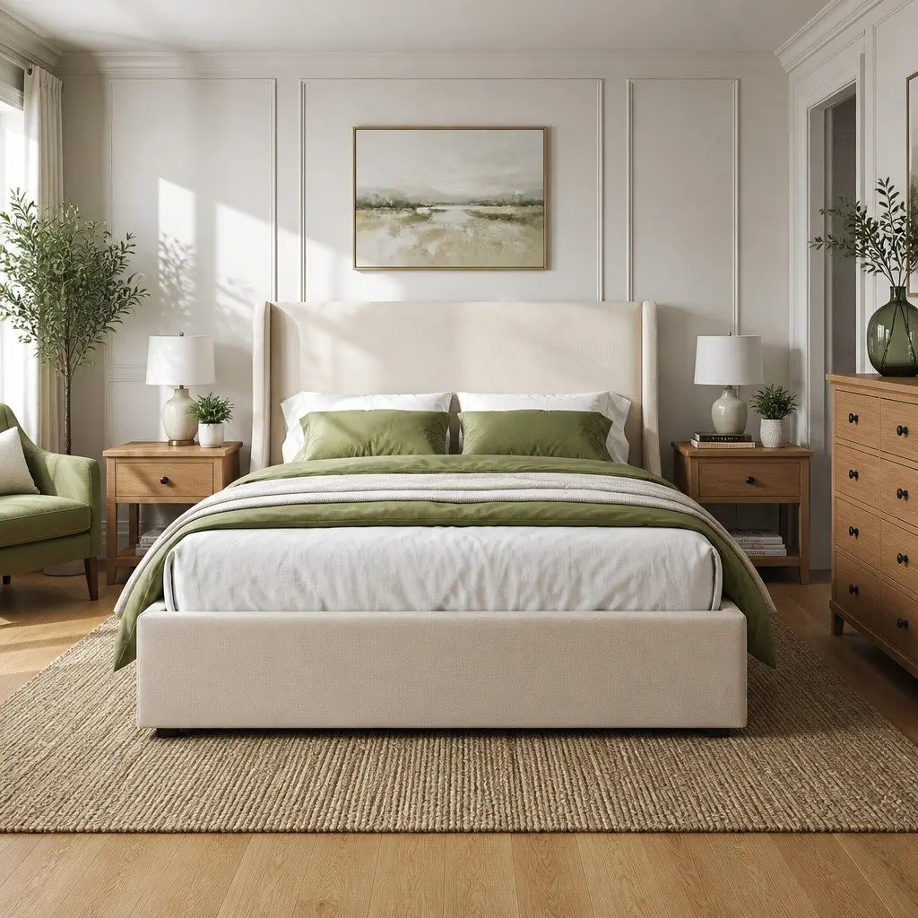 Double Upholstered Bed Frame Metal and Wood Construction with Wingback Headboard and 3 Storage Drawers Beige 149W x 204L x 111H cm
