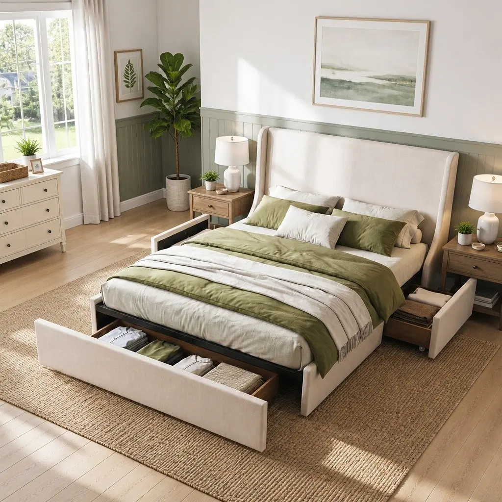Queen Upholstered Bed Frame Metal Construction with Wingback Headboard and 3 Storage Drawers Beige