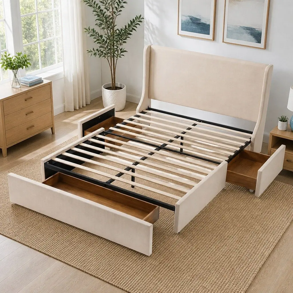 Queen Upholstered Bed Frame Metal Construction with Wingback Headboard and 3 Storage Drawers Beige