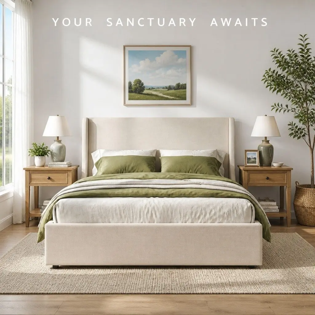 Queen Upholstered Bed Frame Metal Construction with Wingback Headboard and 3 Storage Drawers Beige