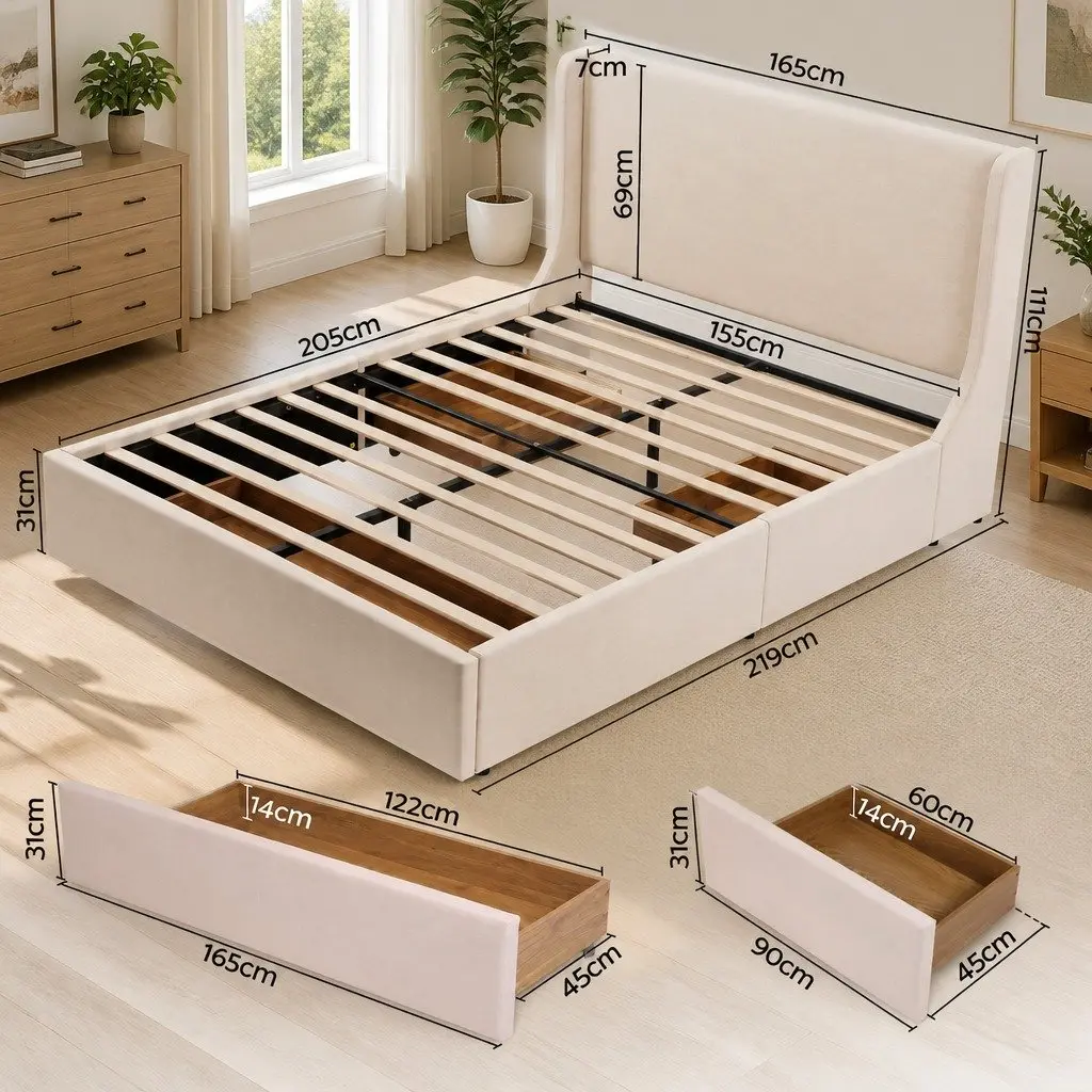 Queen Upholstered Bed Frame Metal Construction with Wingback Headboard and 3 Storage Drawers Beige