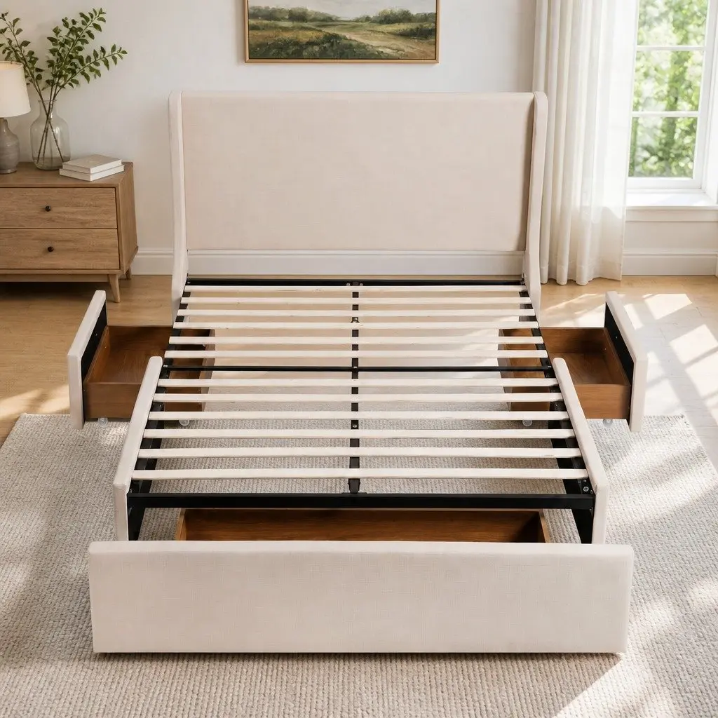 Queen Upholstered Bed Frame Metal Construction with Wingback Headboard and 3 Storage Drawers Beige