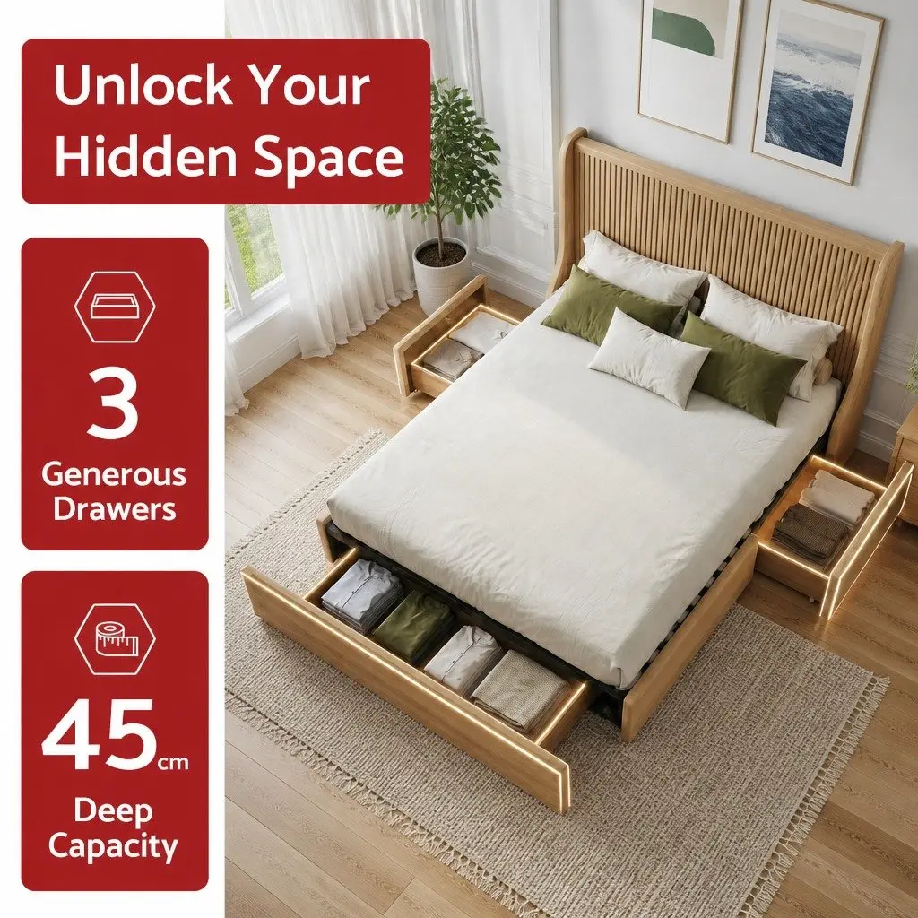 Queen Upholstered Bed Frame Metal Construction with Wingback Headboard and 3 Storage Drawers Beige