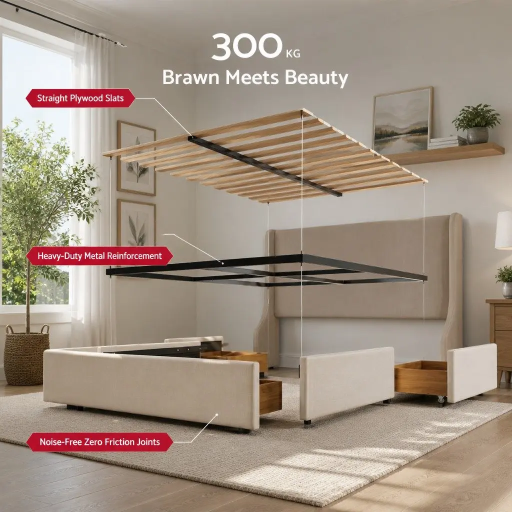 Queen Upholstered Bed Frame Metal Construction with Wingback Headboard and 3 Storage Drawers Beige