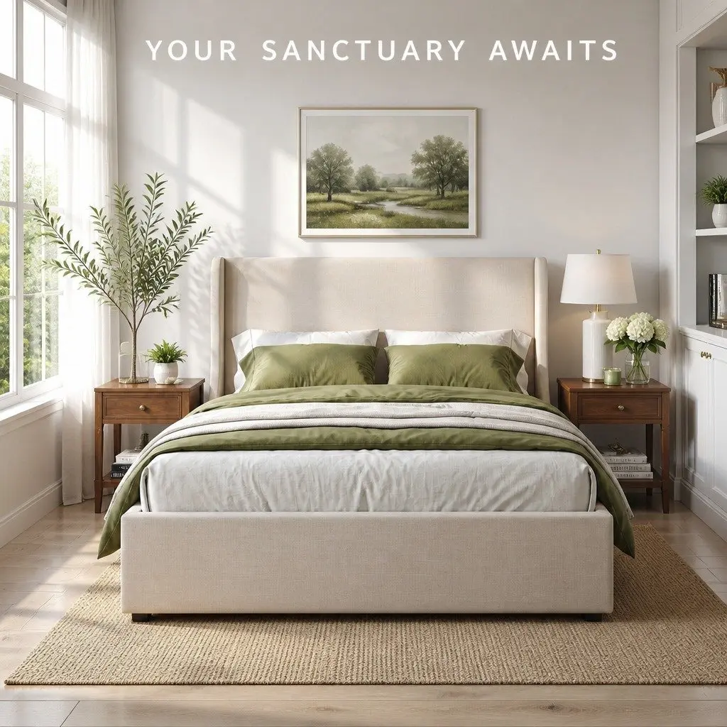 Queen Upholstered Bed Frame Metal Construction with Wingback Headboard and 3 Storage Drawers Beige