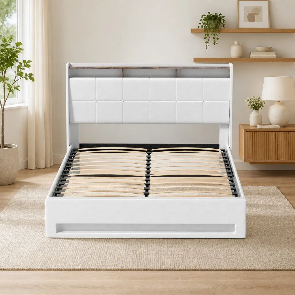 Double Bed Frame Gas Lift Storage PVC Leather White Platform Base