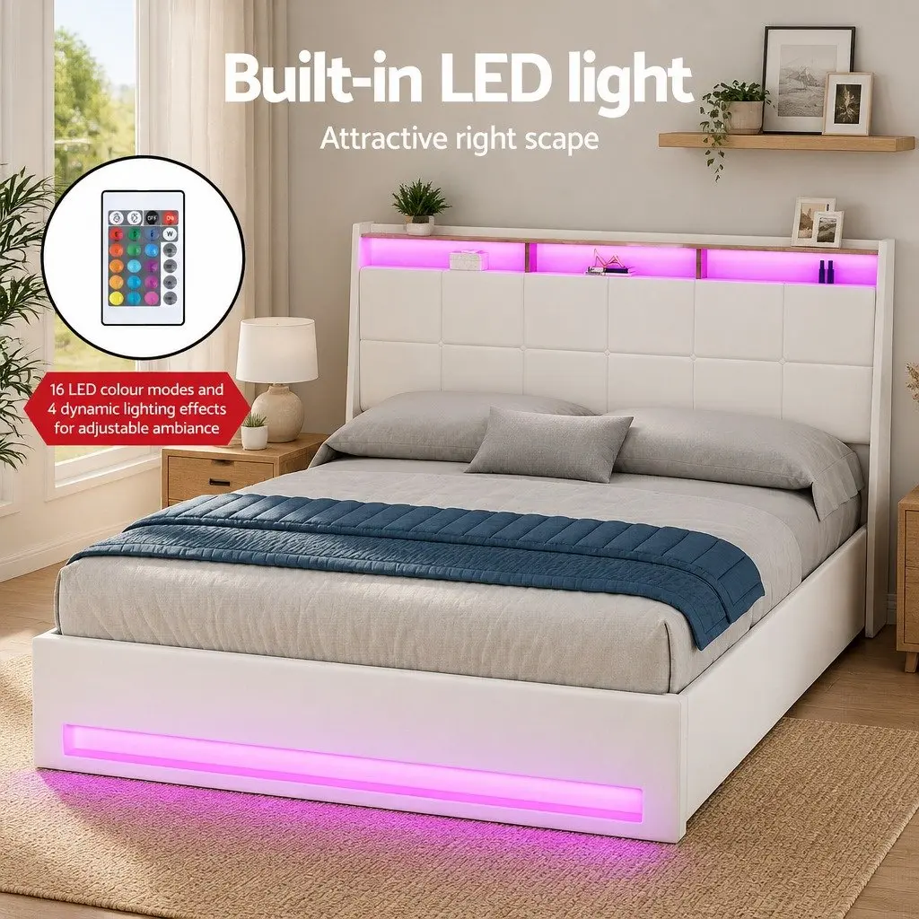 Double Bed Frame Gas Lift Storage PVC Leather White Platform Base